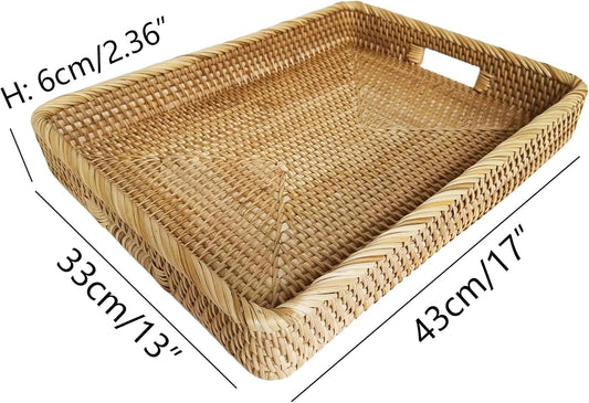 i-lan 17Inch Large Rectangle Rattan Serving Tray with Handles-Natural Wicker Breakfast Coffee Drinks Serving Platter,Kitchen Tabletop Decorative Serving Tray for Fruit,Vegetables and Snacks