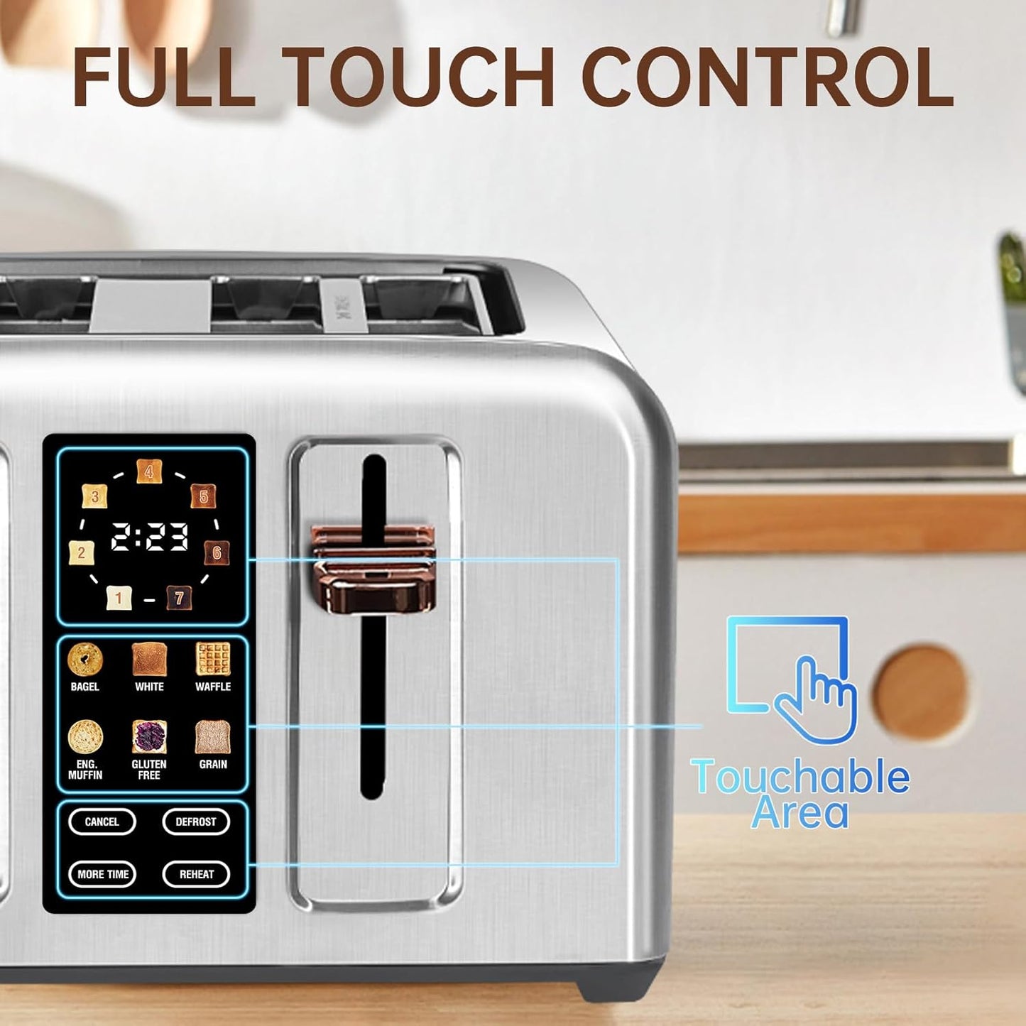 SEEDEEM Toaster 4 Slice, Full Touch control Toaster, LCD Display, 6 Bread Type, 7 Shade Settings, 1.4''Wide Slots，More Time Function, Removable Crumb Tray, 1800W, Silver Metallic