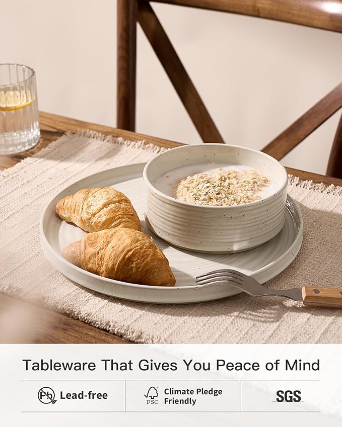 Stoneware Dinnerware Sets, Dish Set for 4, 12 Pieces Spiral Dishware Set with Straight Rim, Speckles & Reactive Glaze - Microwave and Dishwasher Safe Tableware, Shell Beige