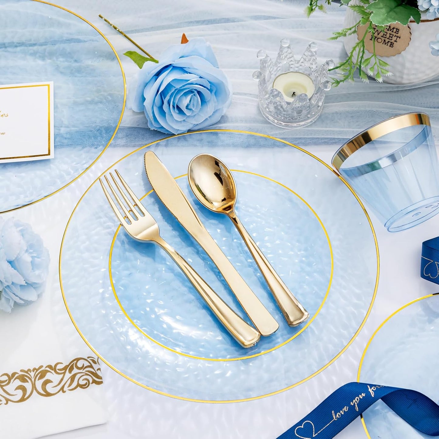 DaYammi 350PCS Clear Blue Gold Plastic Dinnerware Set for 50 Guests, Hammered Disposable Plates for Party, Include: 50 Dinner Plates, 50 Dessert Plates, 150 Gold Silverware, 50 Napkins, 50 Cups