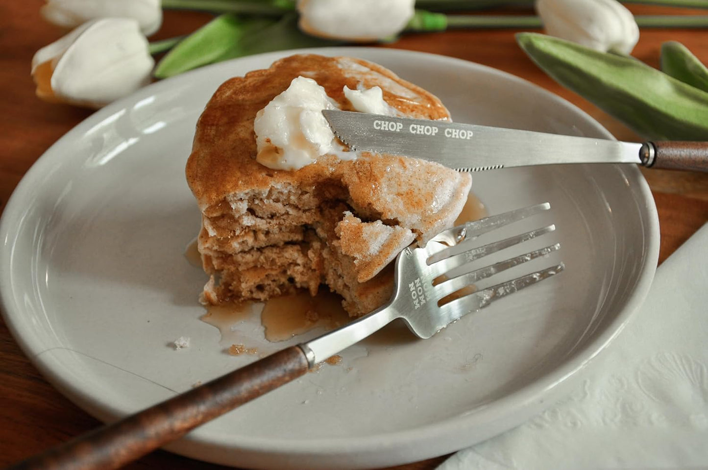 Fun Lightweight Stainless Steel Flatware Set with Walnut (4 Sets, NOM CHOP SLURP)