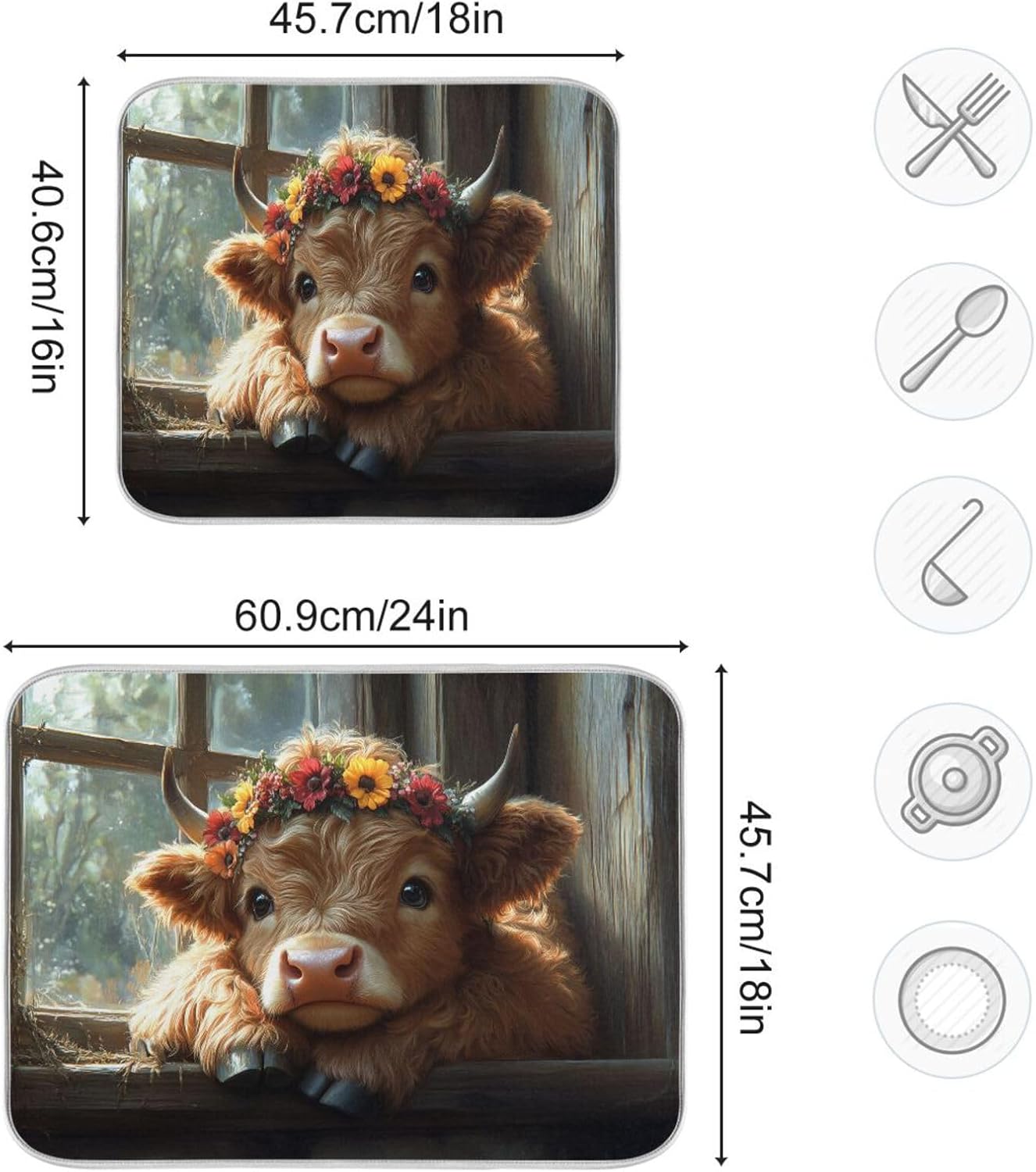 Cute Highland Cow with Flowers Dish Drying Mat for Kitchen Counter Super Absorbent Dishes Pad Reversible Microfiber Protector Dish Draining Mats 18x24 inch