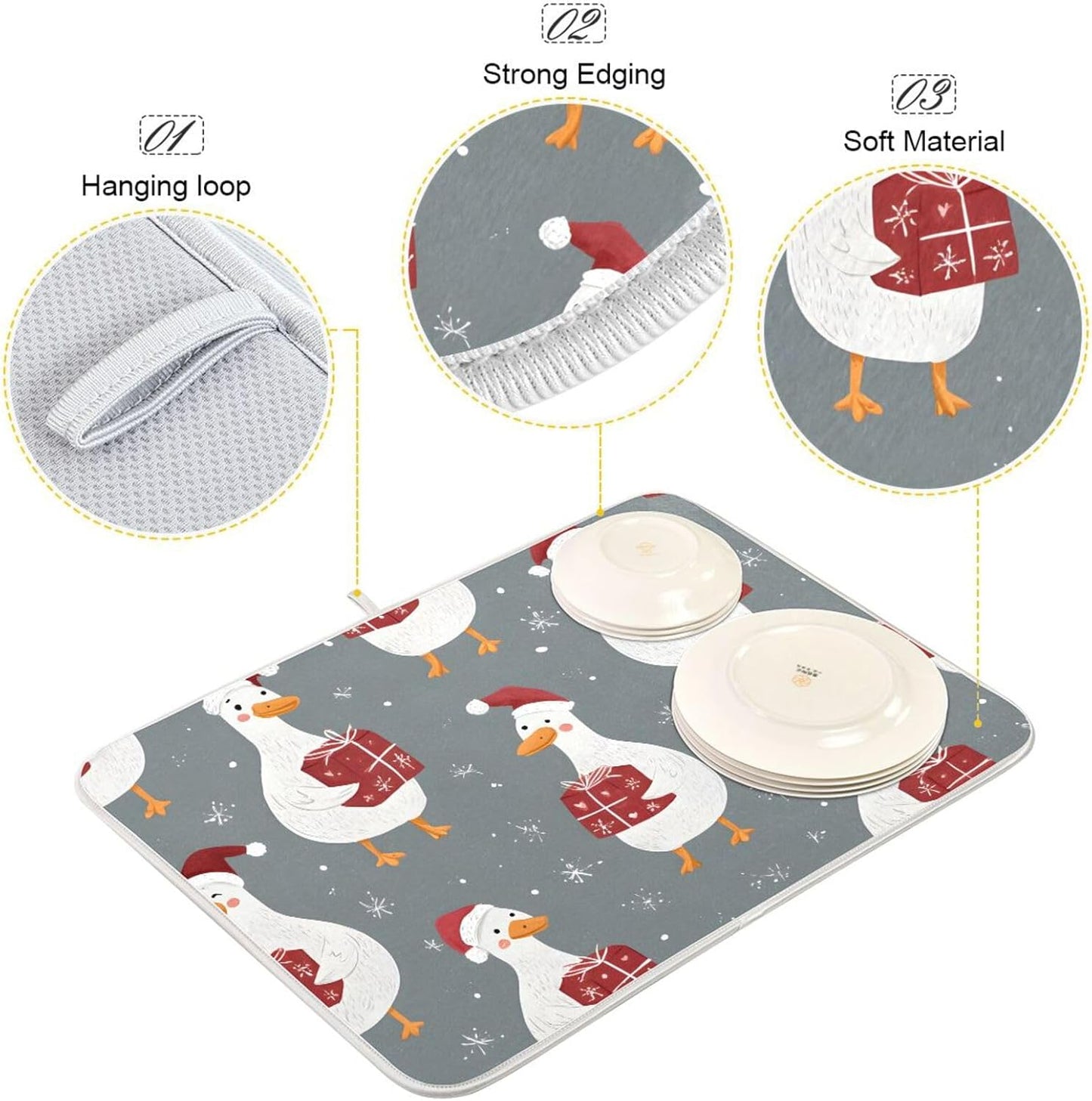 White Geese Wearing Hat Dish Drying Mat Super Absorbent Drying Mat 16x18 inch Large Dish Drying Mats for Kitchen Counter Dish Drying Pads Kitchen Drying Matt for Countertop