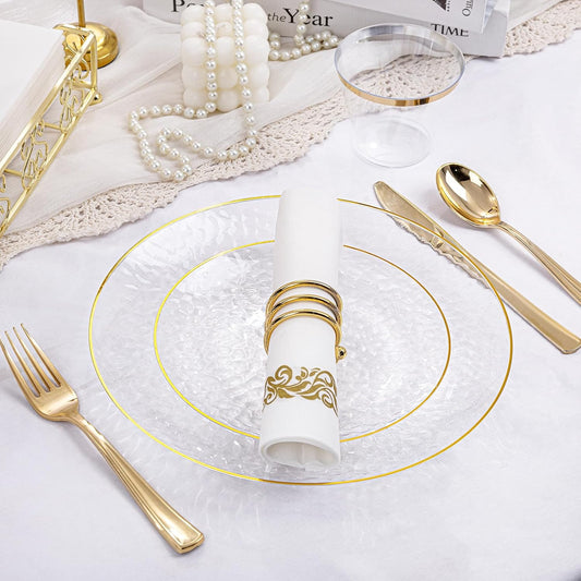 Rubtlamp 175 Pcs Plastic Dinnerware Set (25 Guests), Clear And Gold Plastic Plates, Hammered Party Plates Include Dinner Platos, Dessert Platos, Cups, Gold Cutlery Set And Napkins for Thanksgiving