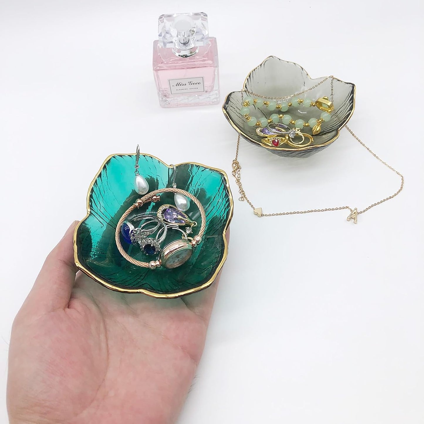 Flower Small Ring Dish Jewelry Tray, Glass Jewelry Dish for Women, Nightstand Decor Jewelry Plate Trinket Dish, Bathroom Jewelry Holder Dish, Jewelry Bowl for Rings, Earrings, Key Dish Gifts