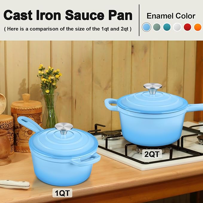 Enameled Cast Iron Sauce Pan with Lid, Leonyo 2 Quart Saucepan with Lid, Enamel Cast Iron Dutch Oven for All Cooktops Making Pasta Sauce, Milk, Oatmeal - Up to 500°F & 6.7Lbs, Lake Blue