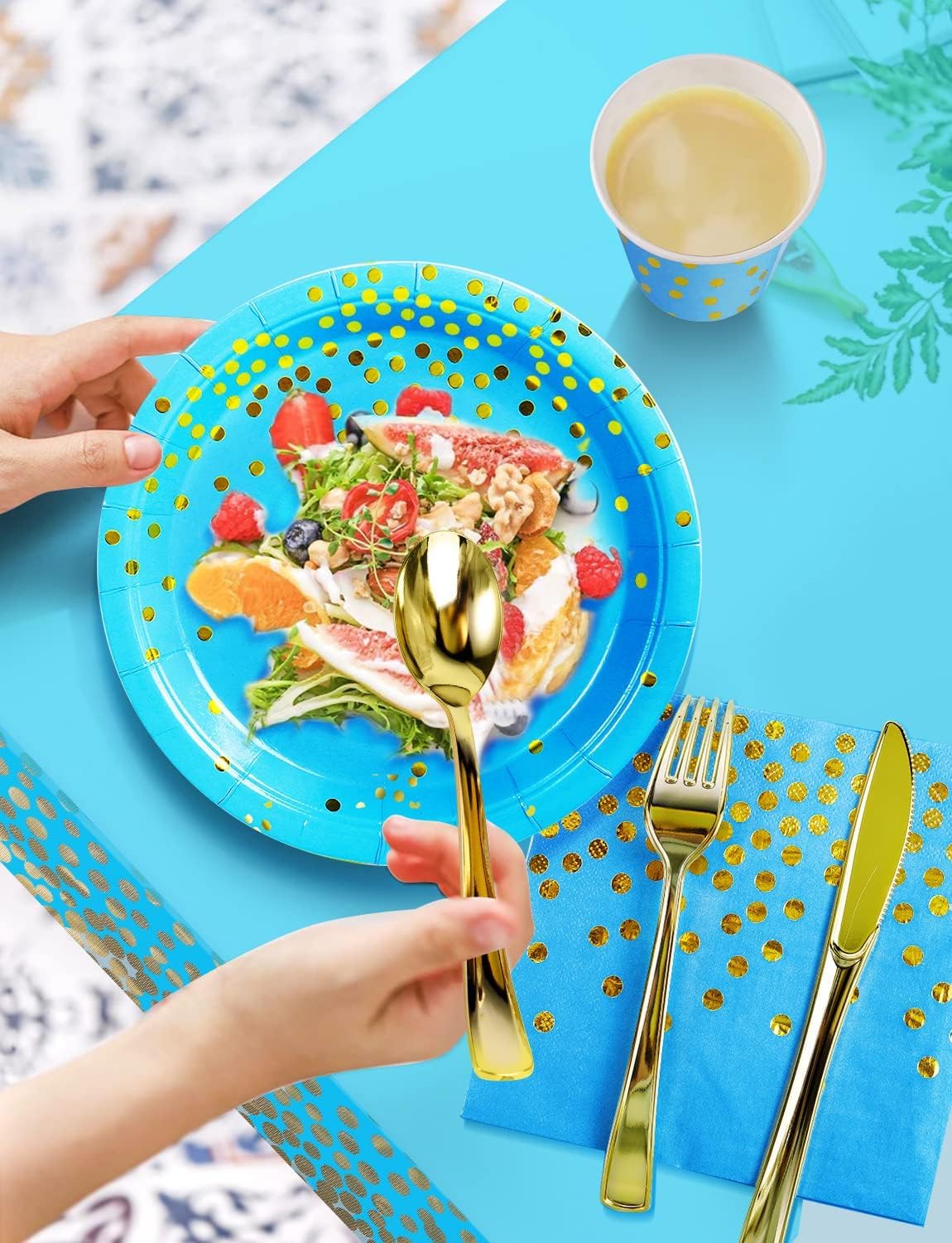141 Pieces Sky Blue Gold Party Supplies, Party Dinnerware Sets Include Paper Plates Napkins Cups Silverware, for Wedding Bridal Shower Engagement Birthday Parties Decoration -20 Serves