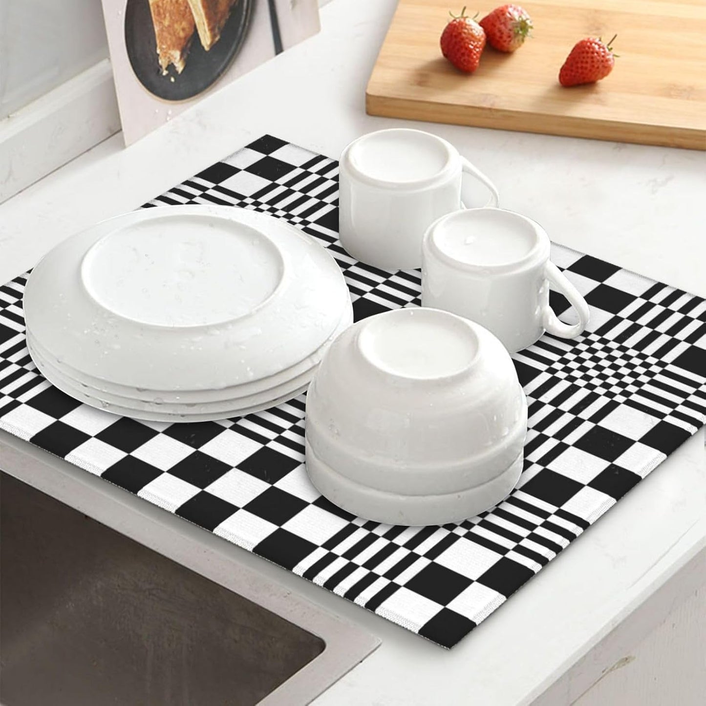 Black White Checkerboard Optical Art Dish Drying Mat for Kitchen Counter & Sink, Absorbent Microfiber Drying Pad for Dishes, Foldable Modern Geometric Kitchen Mat for Dining Area Home Decor, 16" x 18"