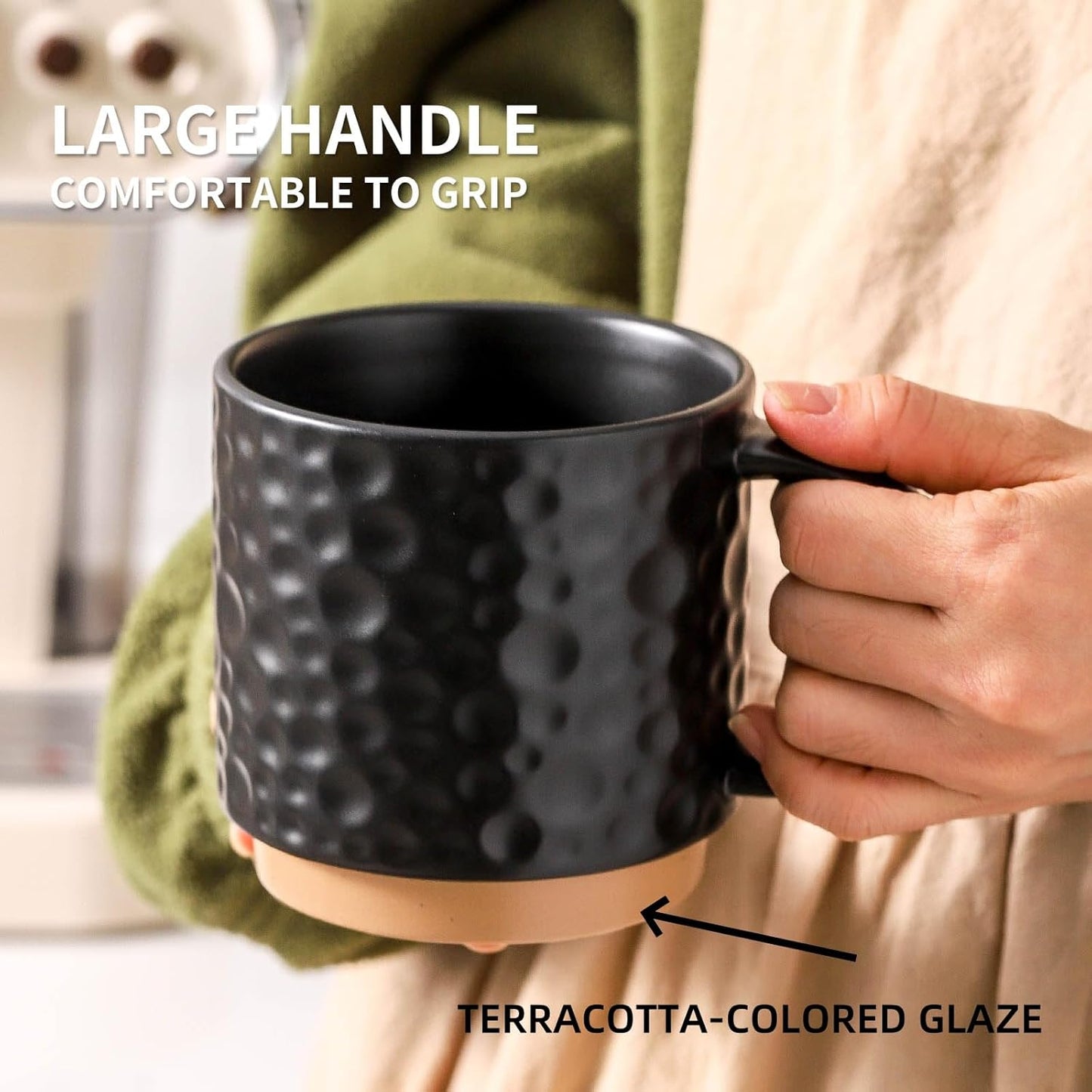 Nihow Ceramic Coffee Mug Set of 4, 16OZ Stackable Coffee Mug Set with Stainless Stand,Large Cup Set for Cappuccino,Tea,Hot/Cold Drinks,Dishwasher & Microwave Safe,Matte Black