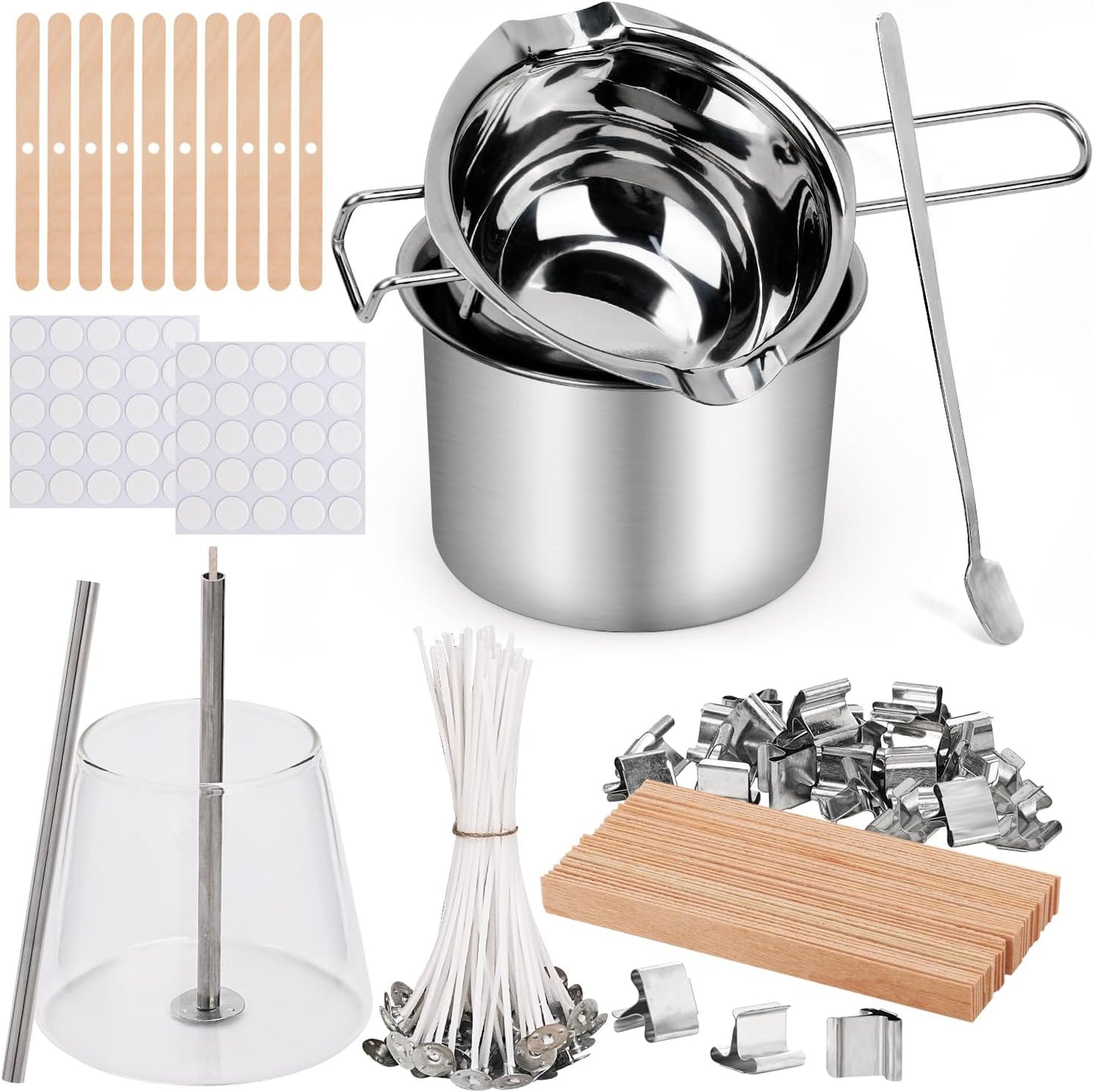 Blingfun Double Boiler Pot Set, Stainless Steel Melting Pot with Candle Wicks, Stickers,Wick Holders,Wick Placing Tube for Soap, Wax, Candle Making