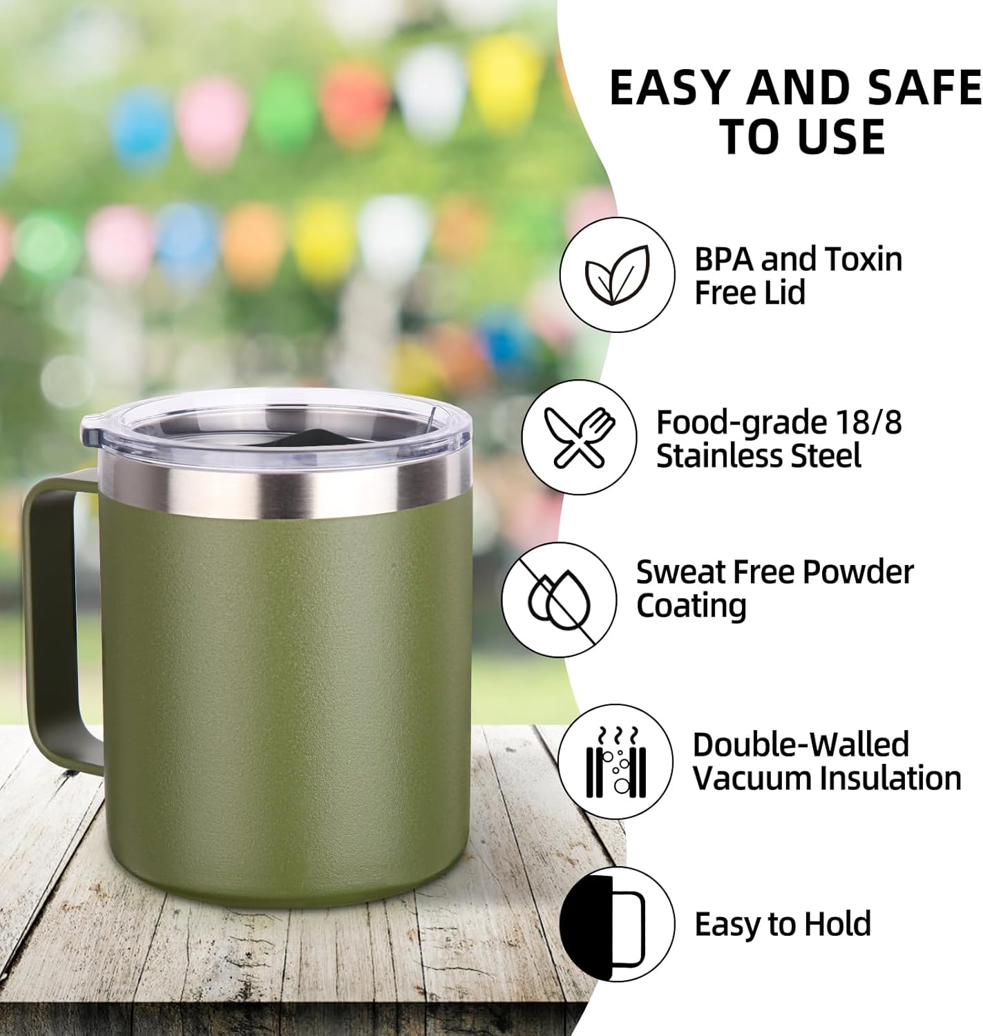 Volhoply 14oz Insulated Stainless Steel Coffee Mug with Lid Bulk 4 Pack,Double Wall Vacuum Travel Coffee Cup with Handle,Reusable Cups Tumbler,Camping Mugs Keep Hot,Ideal Gifts(Army Green,4)