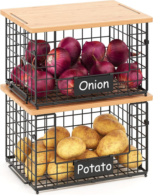 keomaisyto 2 Set XL Stackable Wire Baskets with Bamboo Top- Pantry Organizers and Storage, Kitchen Organization Counter Storage Bins for Potato/Onion/Fruit/Vegetable/Produce, Under Sink Organizing