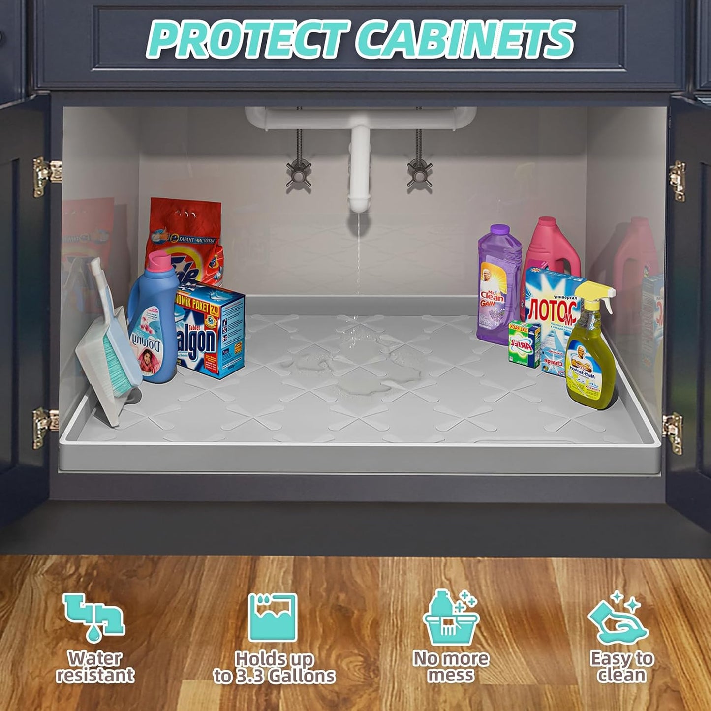 SIKADEER 28" x 22" Under Sink Mat Waterproof, Silicone Mat Kitchen Drawer Shelf and Cabinet Liner, Sink Protector for Kitchen Organizers and Storage, Boot Tray Pet Food Mats