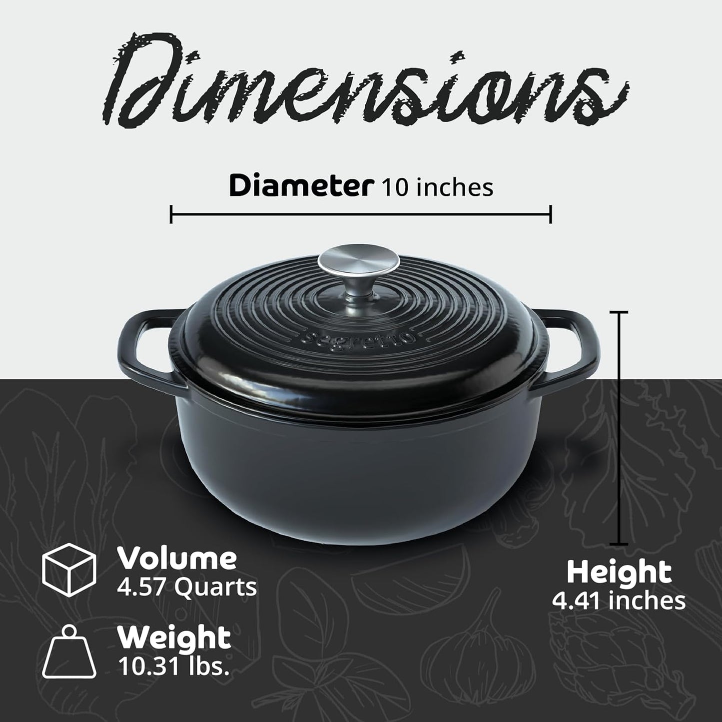 Segretto Cookware Enameled Cast Iron Dutch Oven with Handle, 4.57 Quarts, Nero (Black) 4.57 qt Oven Safe Dutch Oven Pot With Lid Ceramic Enamel Dutch Oven Cast Iron Pot Cookware for Bread Baking, Soup