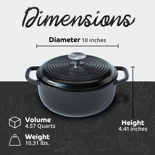 Segretto Cookware Enameled Cast Iron Dutch Oven with Handle, 4.57 Quarts, Nero (Black) 4.57 qt Oven Safe Dutch Oven Pot With Lid Ceramic Enamel Dutch Oven Cast Iron Pot Cookware for Bread Baking, Soup