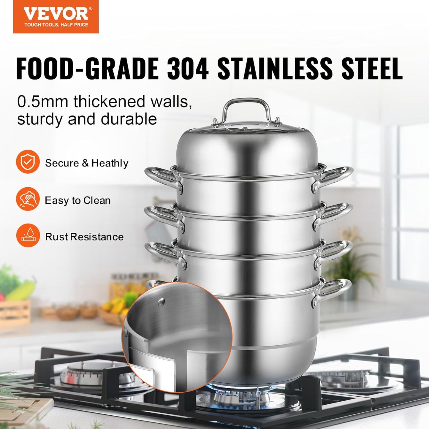 VEVOR Steamer Pot 11.8in/30cm, 5 Tier Steamer Pot for Cooking with 10QT Stock Pot, 3 Vegetable Steamers & 2 Steaming Trays, Food-Grade 304 Stainless Steel Food Steamer Cookware for Gas Electric Stove