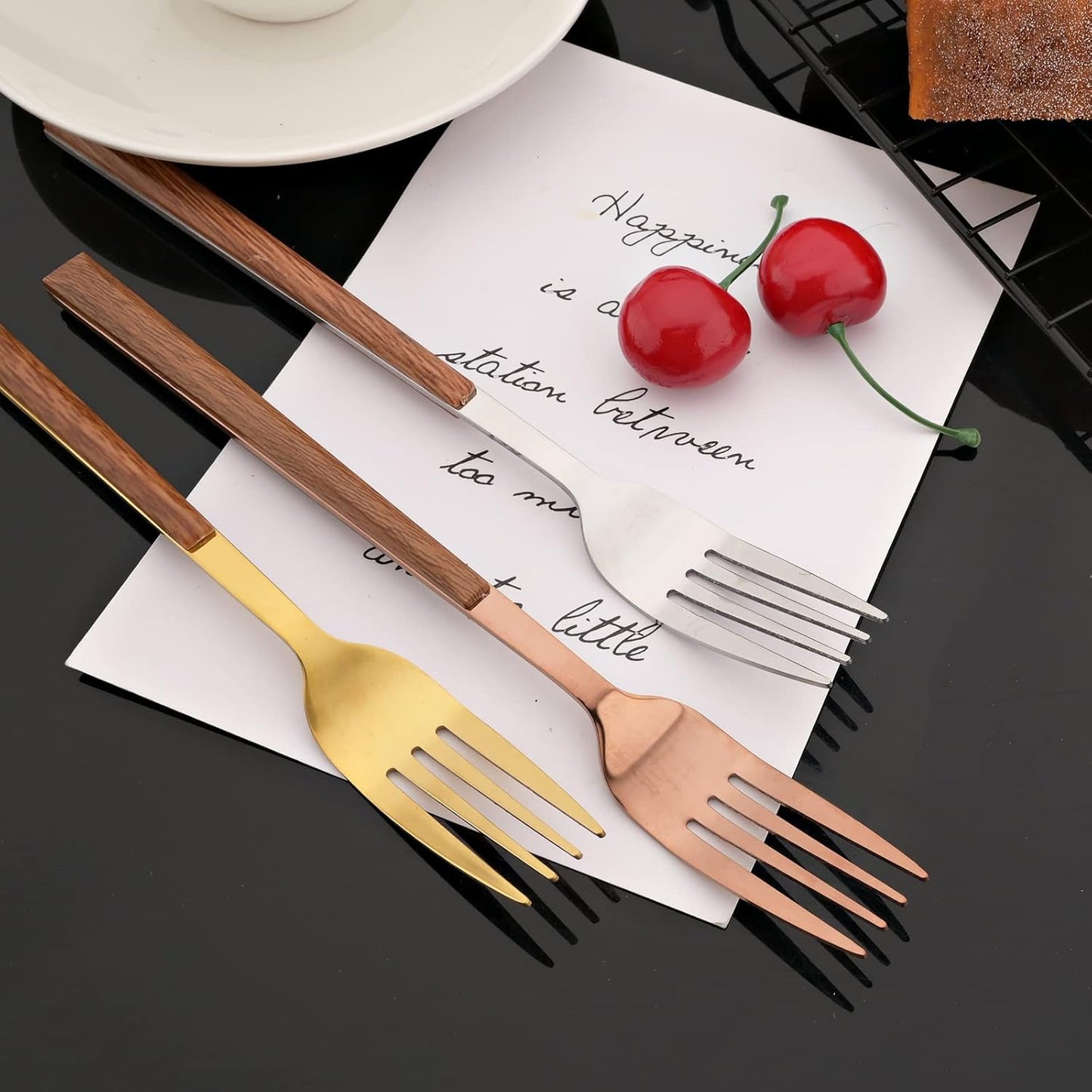 JASHII Wood Handle Flatware Set, 20 Pieces Stainless Steel Silverware Cutlery Set, Mirror Polished, Square Knife Fork Spoon Set, Dishwasher Safe - Korean Style Silver