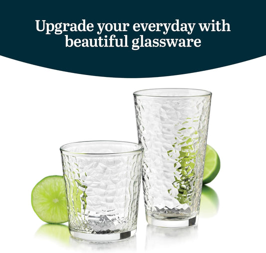 Libbey Yucatan Tumbler and Rock Glasses Drinking Set, Textured Drinking Glasses Set of 16, All Purpose Glass Cups Set for Events and Everyday Use