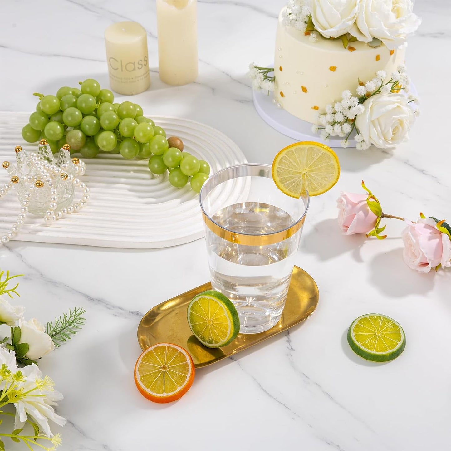 I00000 50 Pack 20 oz Gold Plastic Cups, Elegant Gold Rimmed Plastic Cups, Disposable Cocktail Glasses Wine Glasses, 20 oz Premium Tumblers Perfect for Birthday, Party & Wedding