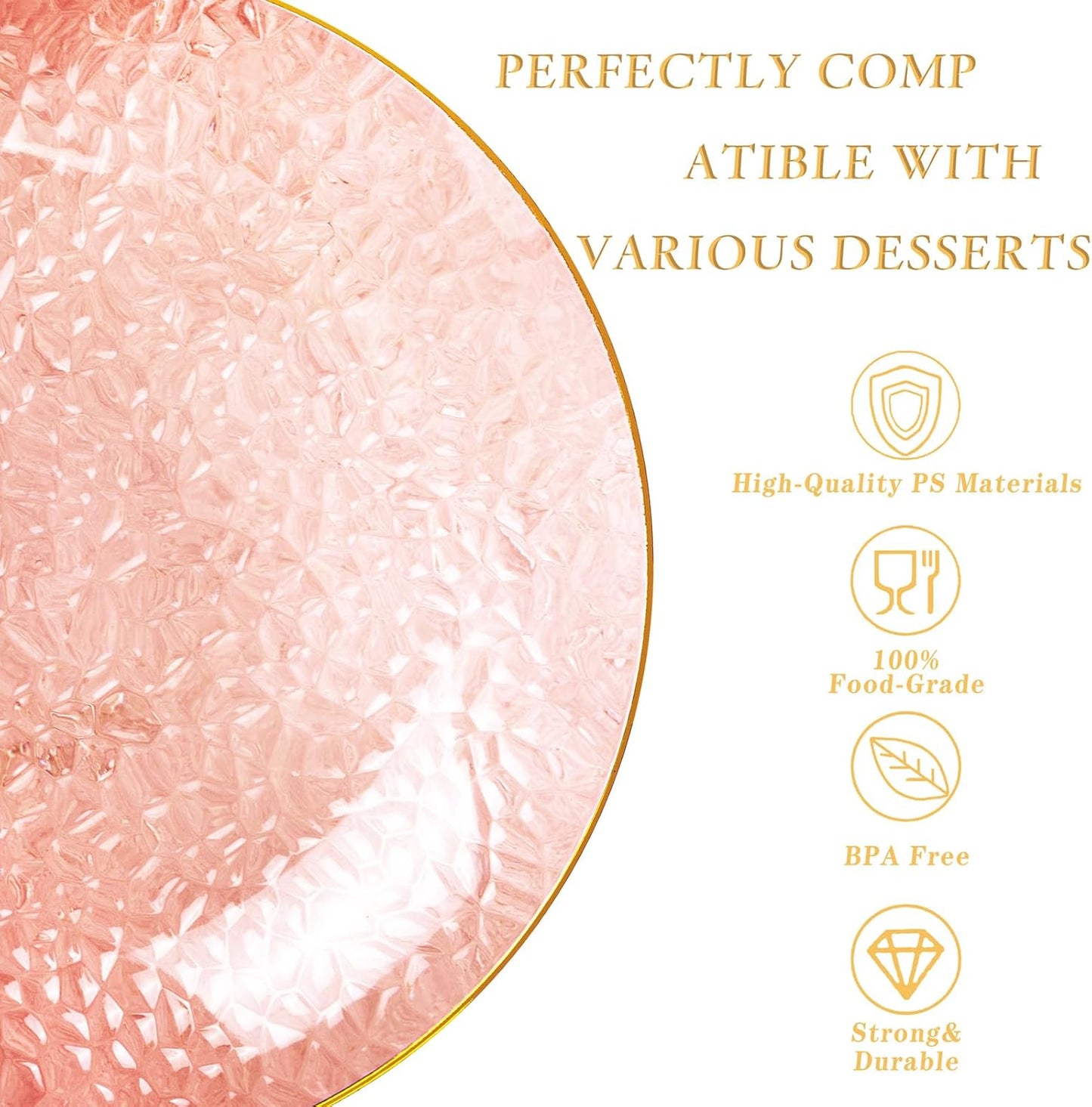 DaYammi 175 Pcs Pink Plastic Plates Dinnerware Set (25 Guests), Pink Disposable Plates With Gold Rim, Hammered Party Platos Set Include Dinner Platos, Dessert Plates, Cups, Cutlery for Party