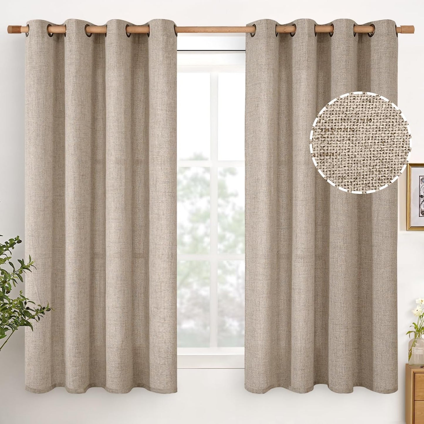 YoungsTex Dark Oatmeal Linen Curtains 54 Inch Length for Kitchen, Bronze Grommet Light FilteringTextured Window Drapes Privacy for Bedroom Living Room Decorative Burlap Rustic, 52 x 54 Inch, 2 Panels