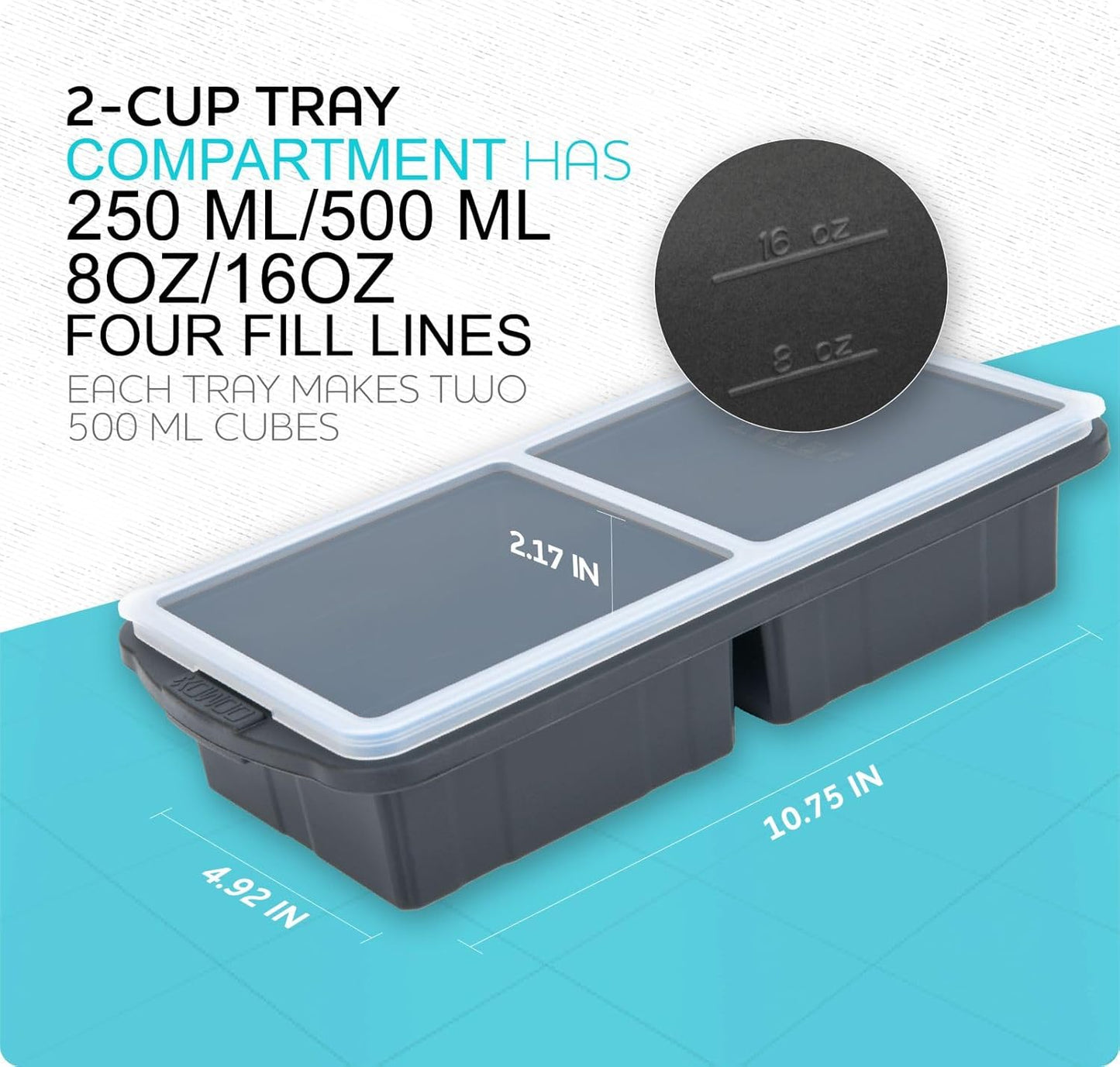 Silicone Freezer Tray With Lid-Soup Freezer Container molds-2-cup Extra Large Ice Cube Tray-makes 4 perfect 500ml portions cubes, For freezing soup,stews,sauces.Oven&Dishwasher-Safe(2-Pack)