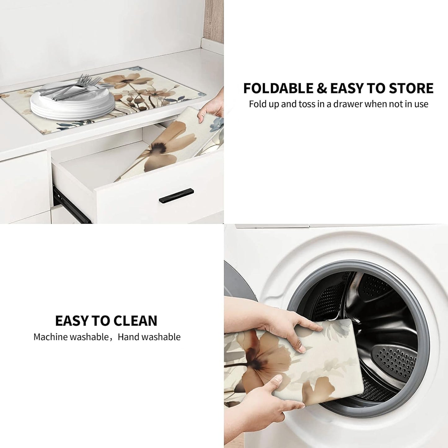 Floral Dish Drying Mat for Kitchen Counter, 18 x 24 Inch Microfiber Spring Summer Dish Mats for Drying Dishes, Absorbent Flowers Dish Drying Pad Kitchen Decor Rack Mat