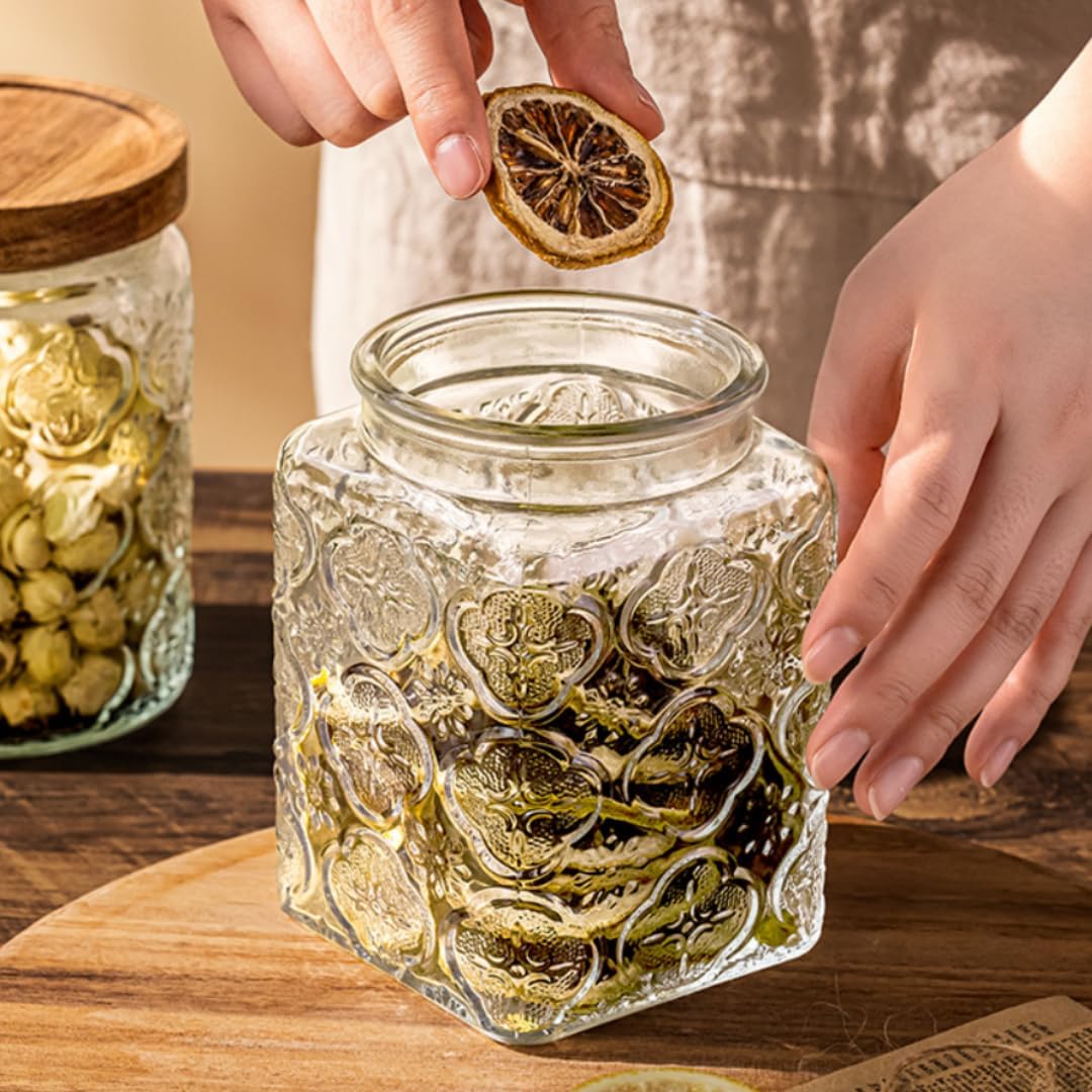 25.3oz Airtight Square Glass Jar, Vintage Decorative Storage Canister with Bamboo Lid, Glass Food Storage Container for Candy Snack Cookies Coffee Tea Nuts, Cute Jar (Square Begonia)