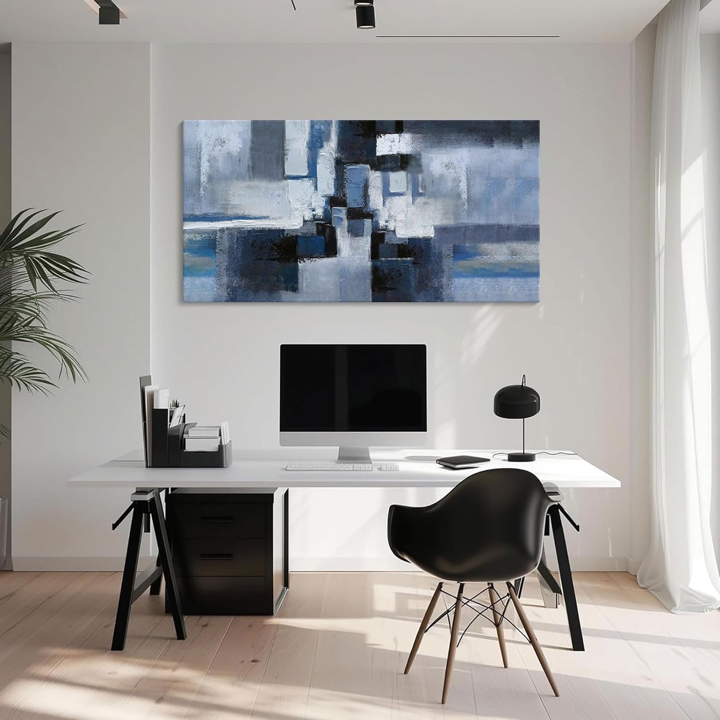 KLAKLA Large Abstracr Wall Art - Blue and Black Canvas Picture for Living Room Wall Decor - Bedroom Art Framed Artwork - Modern Wall Art - 24x48