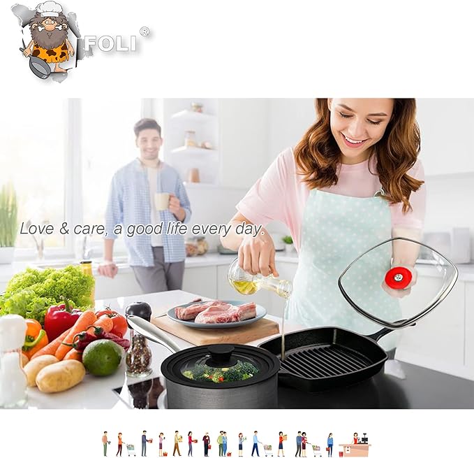 FOLI Square Glass Lid for Grill Pans with Steam Vent Hole - Fits Lodge Cast Iron Skillets 10.5inch/26.67cm Silicone Potholder- Square Tempered Glass Lid - Universal Replacement Cover Silicone Knob