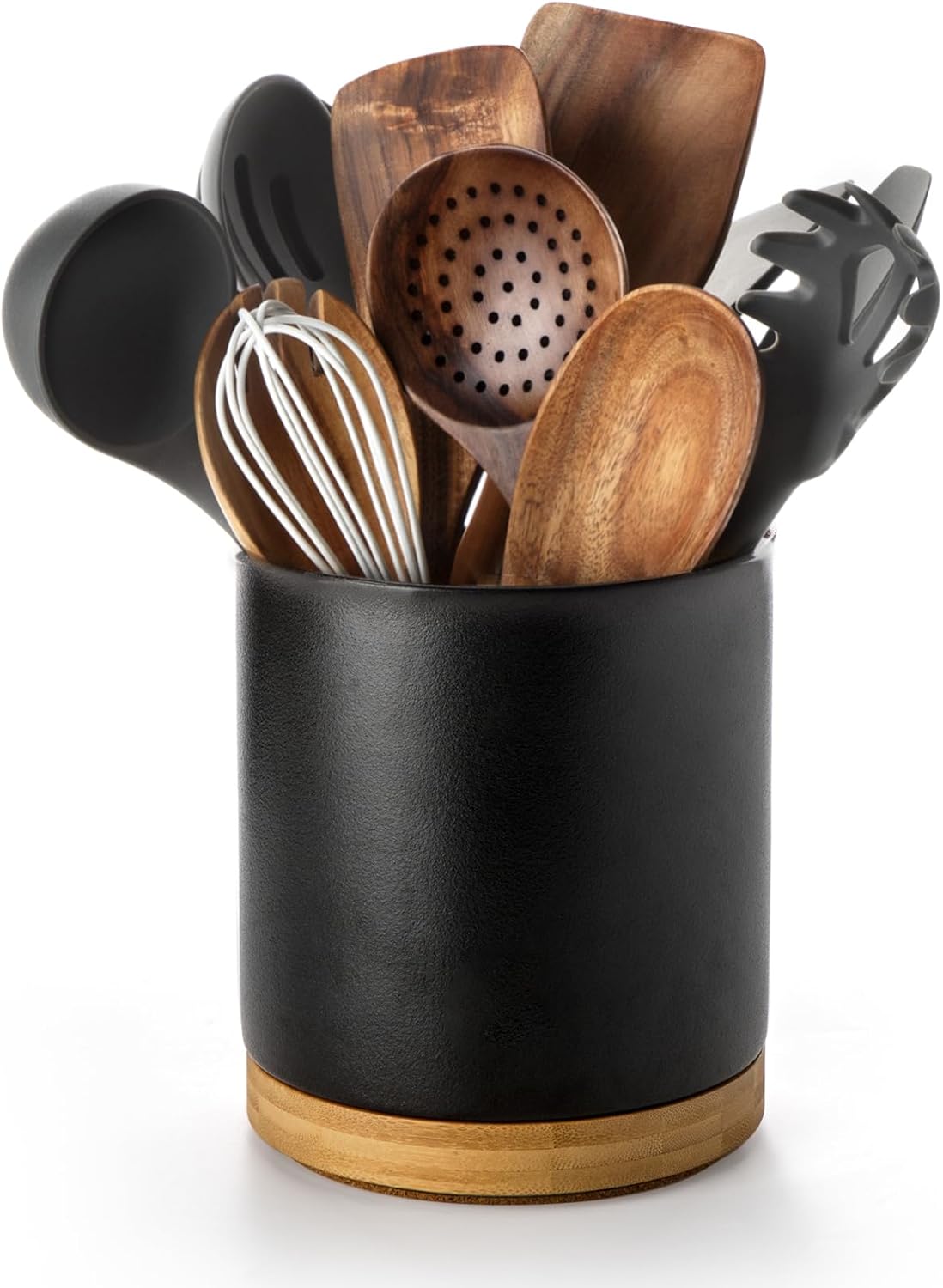 Nucookery 360°Rotating Utensil Holder, 7.2" Kitchen Utensil Crock, Ceramic Cooking Utensil Organizer with Countertop-Protection Cork Bottom for Farmhouse Kitchen Decor Christmas (Stone Black)