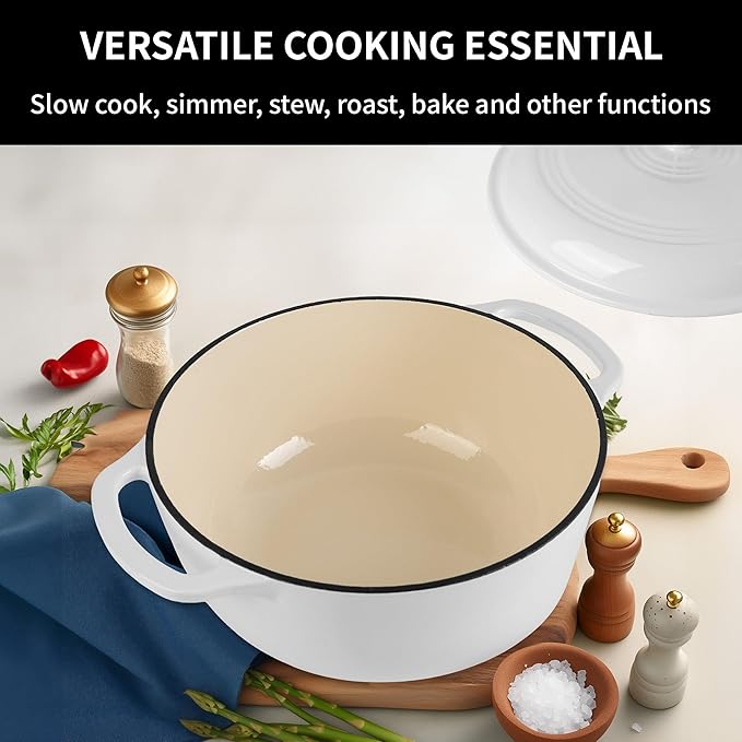 Premium Enameled Cast Iron Dutch Oven for Bread Baking | Non-Stick 2QT Oval Bread Oven with Lid | Perfect for Sourdough, Loaf, and Artisan Baking (Round White, 5.5 QT)