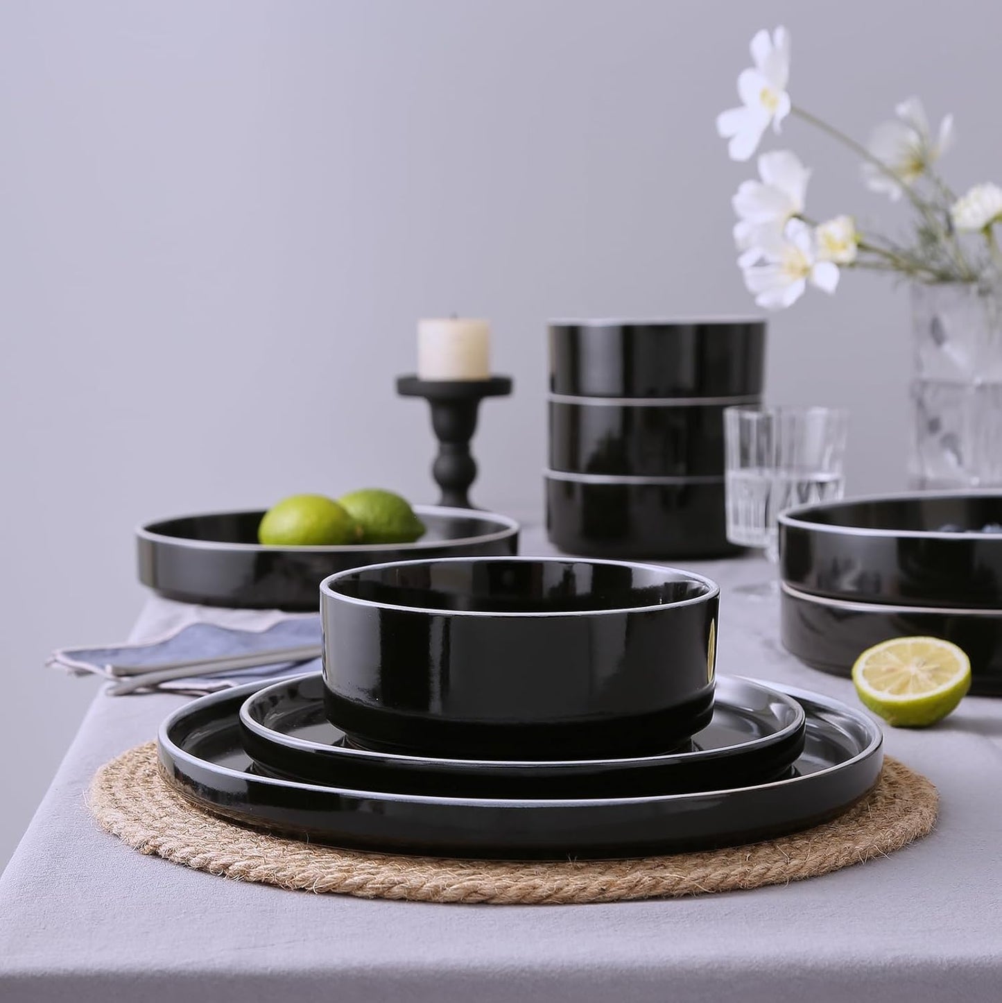 Famiware Nebula Plates and Bowls Sets for 4, 12 Pieces Stoneware Dinnerware Set, Microwave and Dishwasher Safe Dishes Set, Black with White Rim