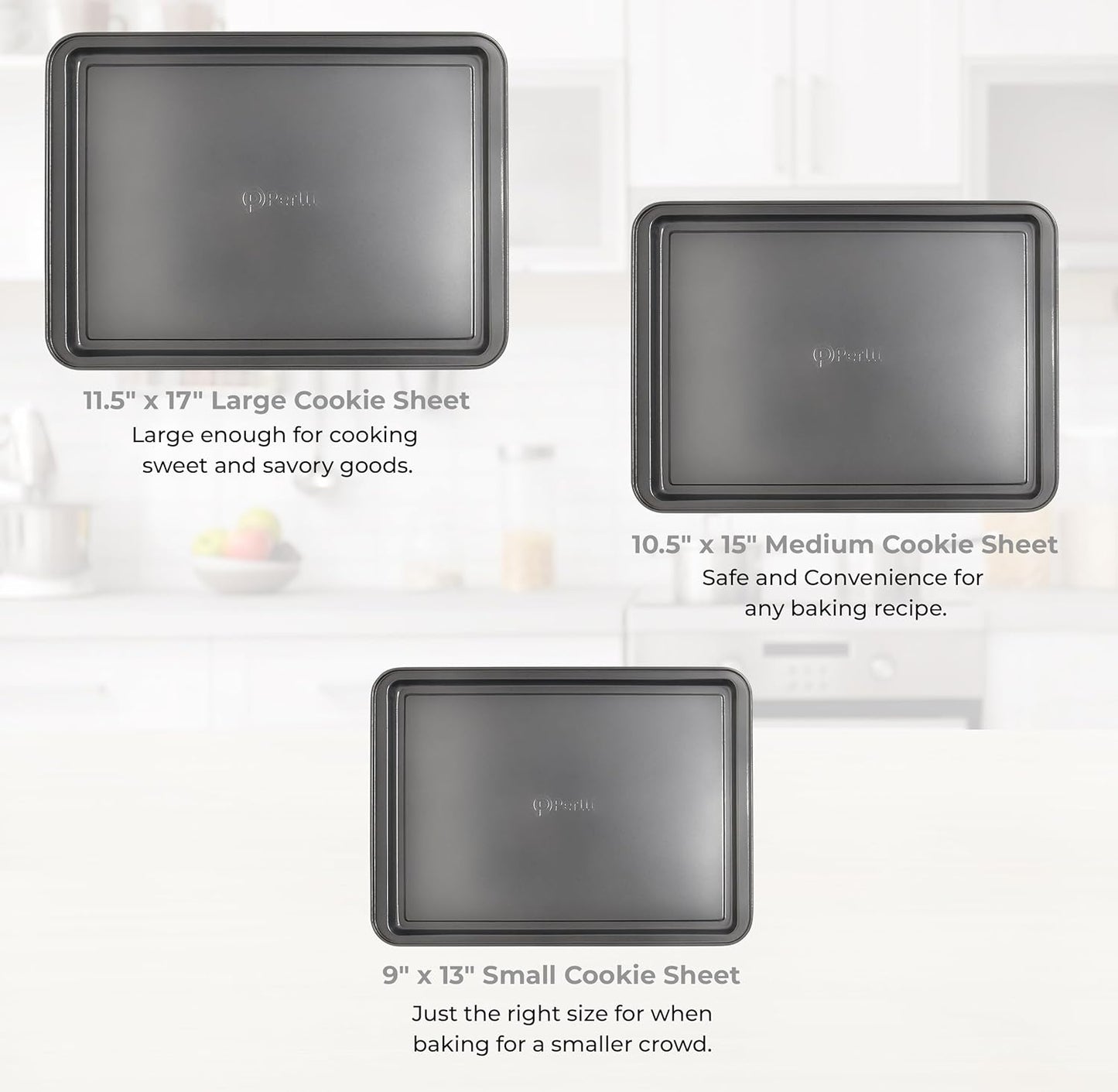 PERLLI Non-Stick 3-Piece Baking Pan Set, BPA-Free Gray Carbon Steel Bakeware Set, Stackable Kitchen Oven Set, Cookie Sheet, Baking Tray, Baking Sheet Set, Oven Safe (446°F)