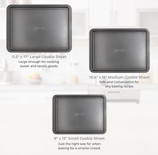 PERLLI Non-Stick 3-Piece Baking Pan Set, BPA-Free Gray Carbon Steel Bakeware Set, Stackable Kitchen Oven Set, Cookie Sheet, Baking Tray, Baking Sheet Set, Oven Safe (446°F)