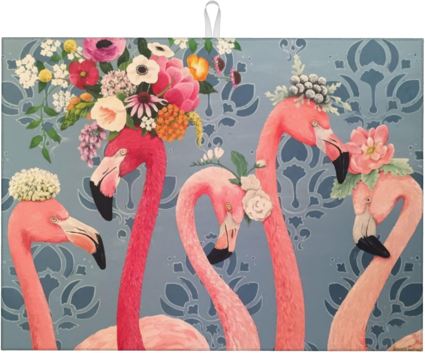 Flamingo Flowers Dish Drying Mat 18x24 Inch, Microfiber Absorbent Fast Dry Mat Large Dish Mat Drying Kitchen Mat, Kitchen Drying Pad for Kitchen Counter Coffee Bar Decor Gifts