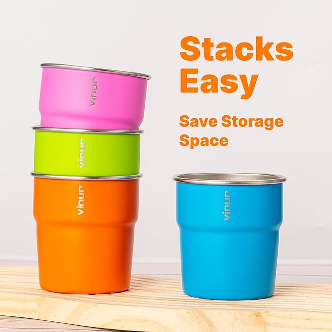 VINUR Kids Stainless Steel Cups-8 oz Stackable Metal Drinking Tumbler Glasses for Travel, Camping, Outdoors (Sky Blue-Orange-Hot Red-Apple Green)