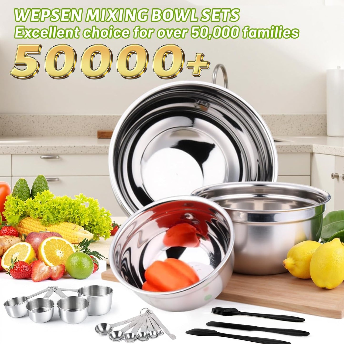 Mixing Bowls Set, 27PCS Stainless Steel Mixing Bowl with Lid Set, Large Nesting Bowls 7, 4.5, 3, 2.5, 2, 1.5QT, Measuring Cups and Spoons Baking Utensils Metal Bowl for Kitchen Prep