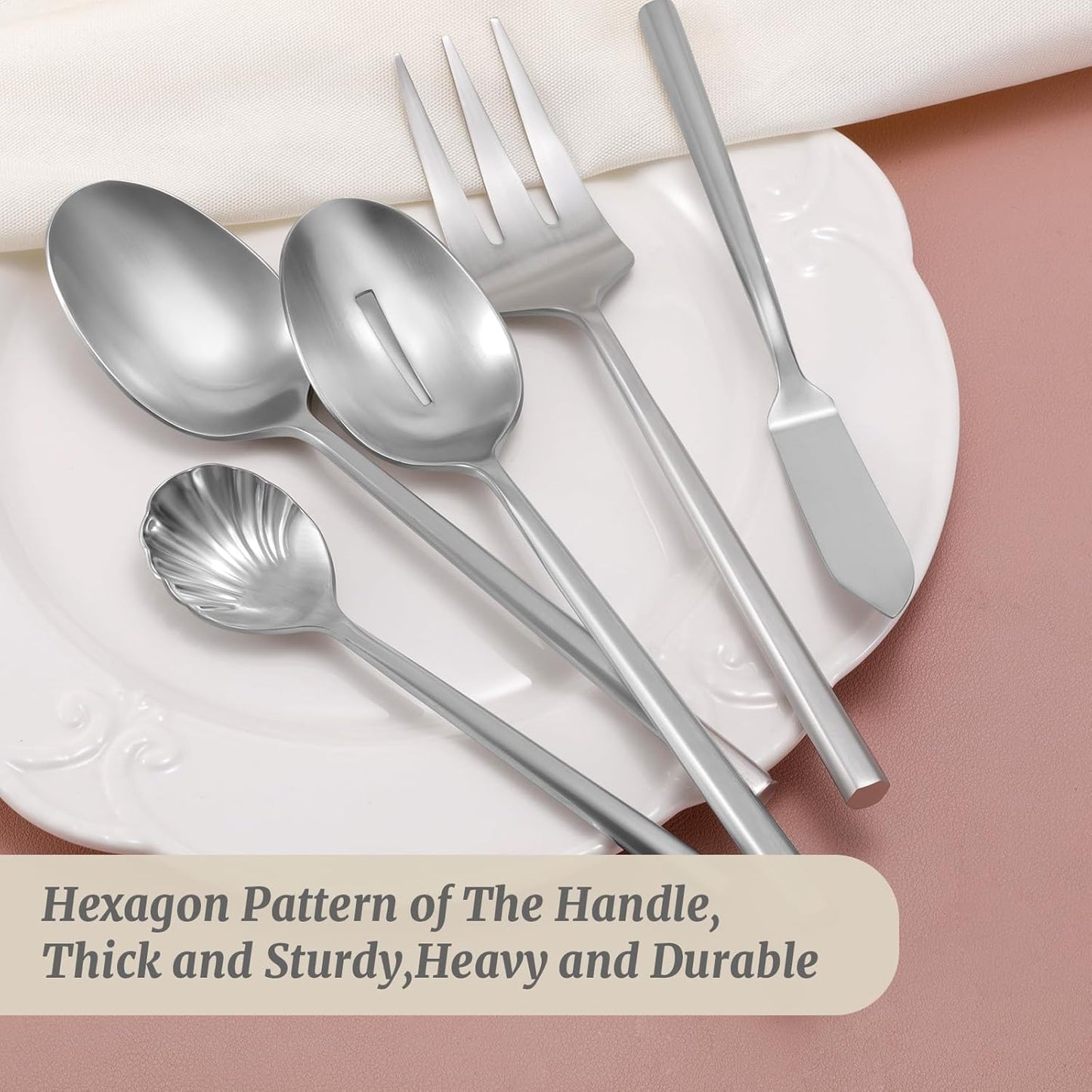 DEACORY 5-Piece Silverware Stainless Steel Matte Finished Flatware Thick Heavy Hexagon Cutlery Serving Utensils Set