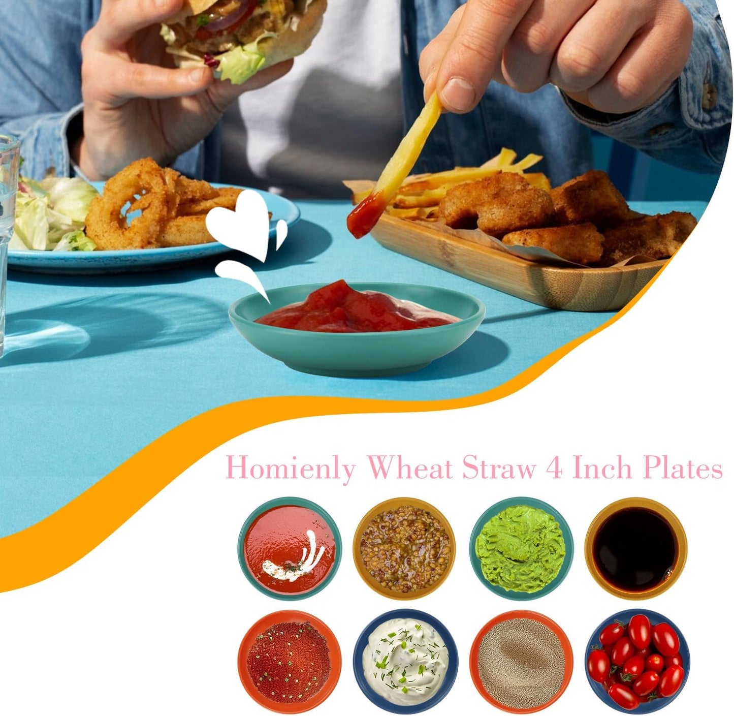Homienly Plastic Dipping Plates Set of 8-4 inch Wheat Straw Plates Soy Sauce Dish & Bowl, Small Dipping Sauce Bowls, Mini Appetizer Plates for Side Dishes, Condiment,BBQ and Party Dinner - MultiColor