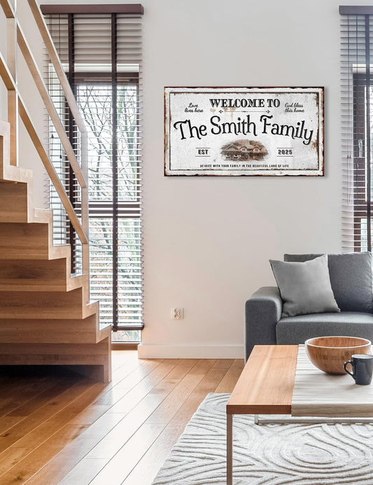 IPIC - Personalized Family Welcome Sign, Custom Canvas Wall Art with House Photo, Name & Date for Hallway or Entryway, Rustic Style Home Wall Decor Gift, Made in USA
