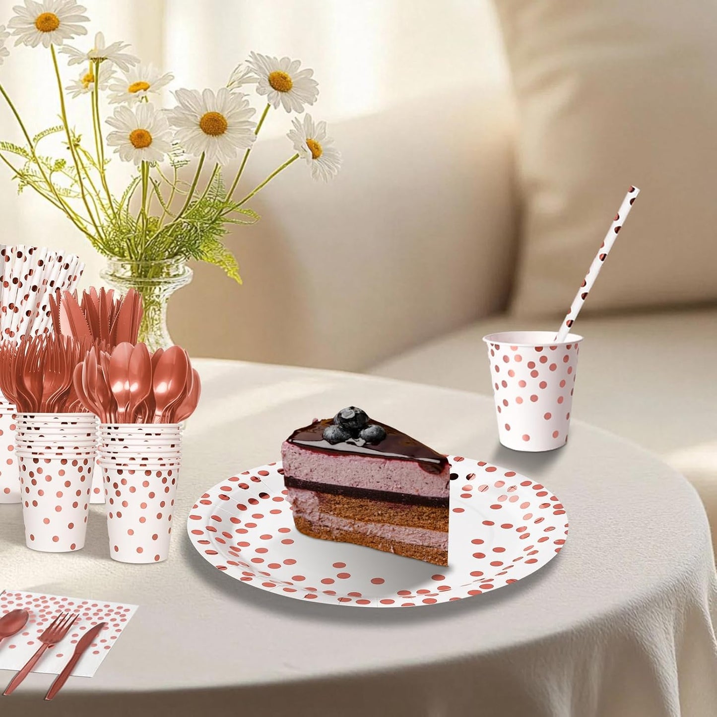 Paper Plates and Napkins Set, 193 Pieces Rose Gold Party Supplies Includes Paper Plates Cups Napkins Straws and Cutlery for Birthday Wedding Holidays Parties Decorations-24 Guests