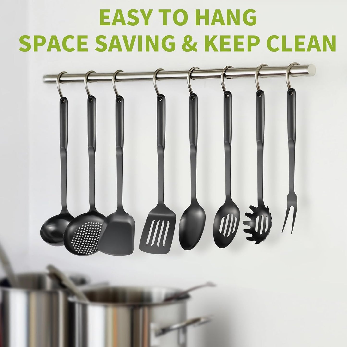 304 Stainless Steel Cooking Utensils Set, 8PCS Kitchen Utensils Set, Include Skimmer, Soup Ladle, Spaghetti Server, Wok Spatula, Slotted Spoon, Solid Spoon, Slotted Spatula Turner & Meat Fork, Black