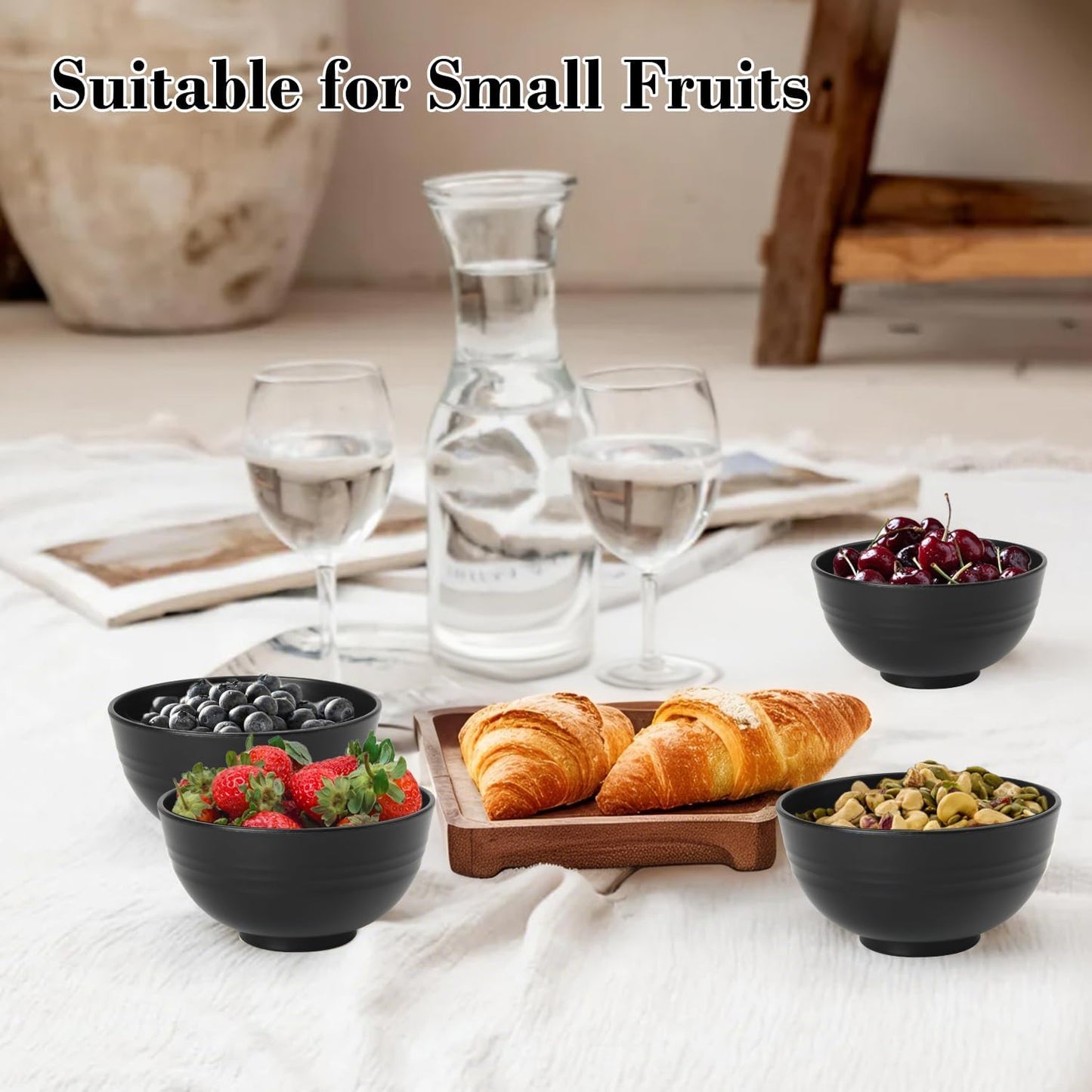 Wrova wheat straw snack bowls 10oz set of 8 - Unbreakable Dessert Bowls for kids - Mini Bowls for Ice Cream,Snack and Fruits - Microwave & Dishwasher Safe Appetizer Bowl Sets - Black