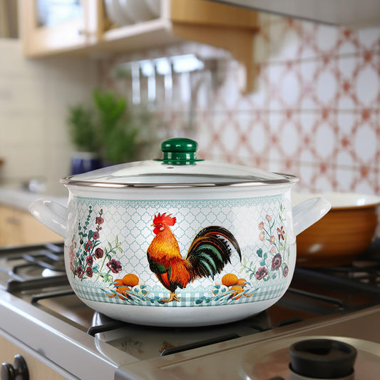 Enameled Aluminum Soup Pot Golden Rooster Belly Deep Casserole Cooking Pot with Glass Lid Enameled Camping Cookware Camping Stockpot for Cooking (2.2-qt. (2.1 L))