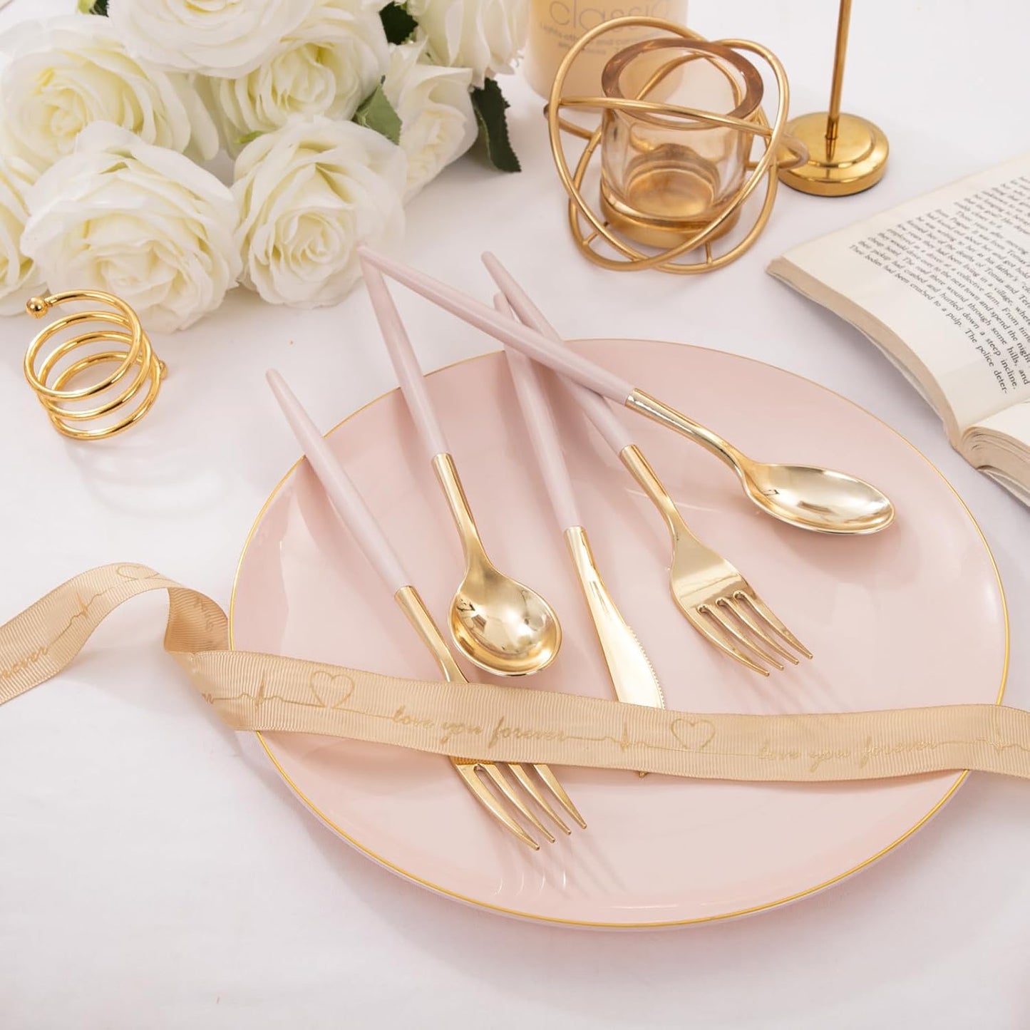 I00000 300 Pack Gold Silverware with Pink Handle, Pink Plastic Utensils Set, Disposable Cutlery include100 Forks, 100 Knives, 100 Spoons,Plastic Cutlery Set for Wedding & Party