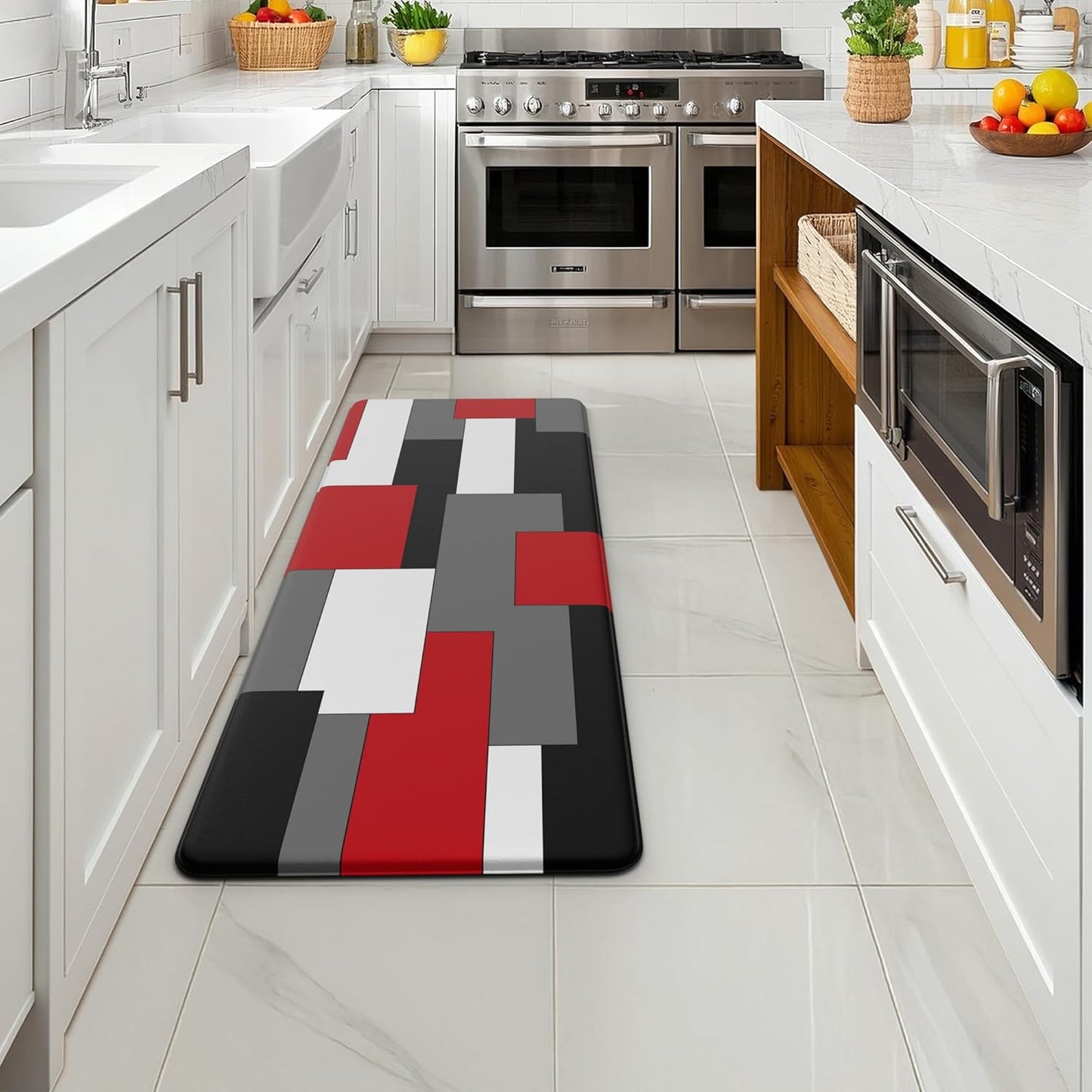 Black White Red Blue Yellow Kitchen Rug Anti-Fatigue Kitchen Mat for Floor Abstract Geometric Waterproof Non-Slip Kitchen Mat and Rug Kitchen Floor Rug Mat for Home Laundry