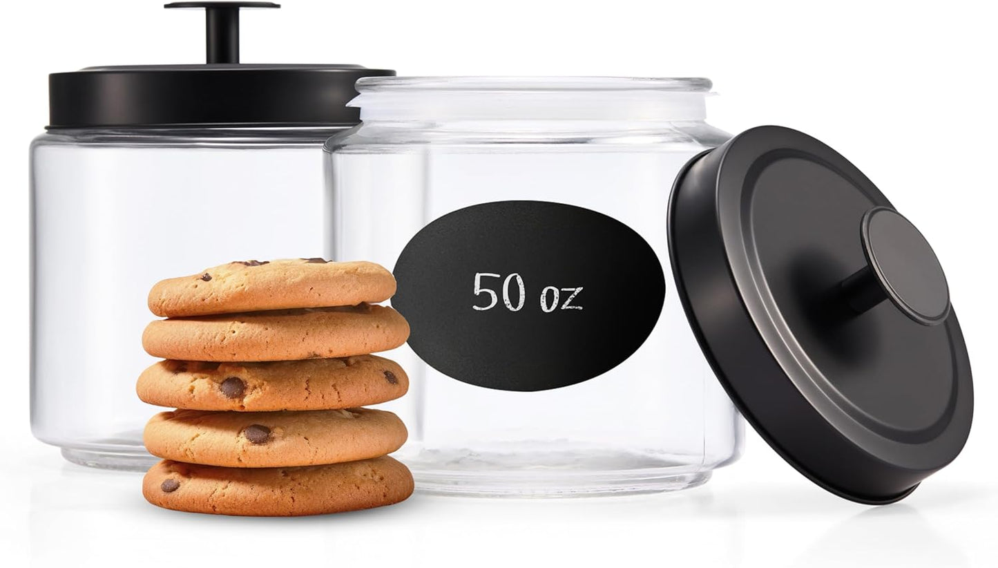 KooK Glass Kitchen Canister Set, Food & Storage Containers for Pantry, Bathroom Apothecary Jars, Tinplate tight Lids, Counter Organizers, 50 oz, Black, Set of 2
