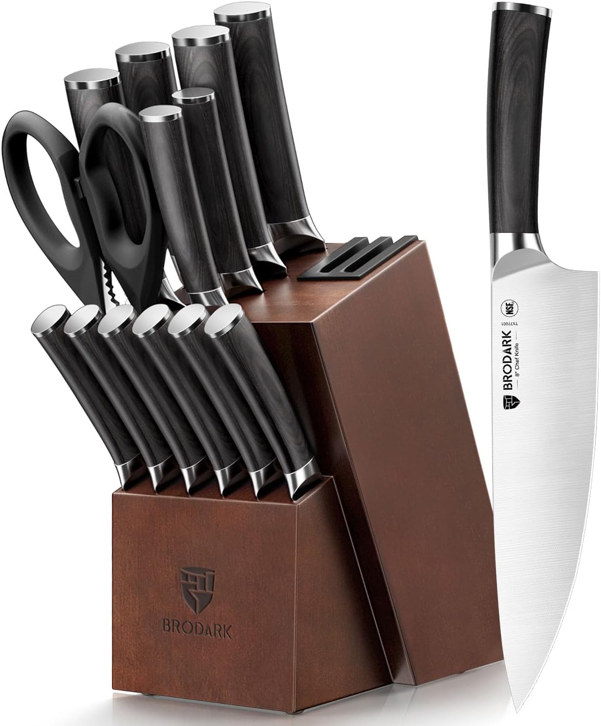 BRODARK Kitchen Knife Set, Ultra Sharp 15 Pcs Knife Set with Block, Full Tang Chef Knives, High Carbon Stainless Steel Knife Block Set with Sharpener, Wooden Handle