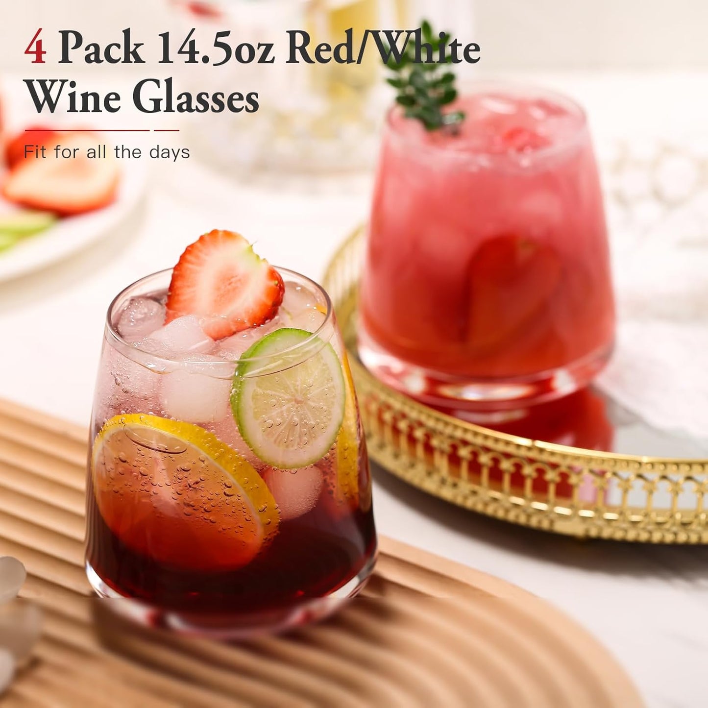 Stemless Wine Glasses Set of 4-14.5oz Hand Blown Heavy Red White Wine Glasses Unique gifts for him/her wedding, birthday, Mother's/father's day, anniversary